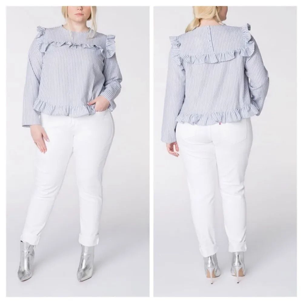 Lost Ink Blue/White Stripe Ruffle Blouse SzXL